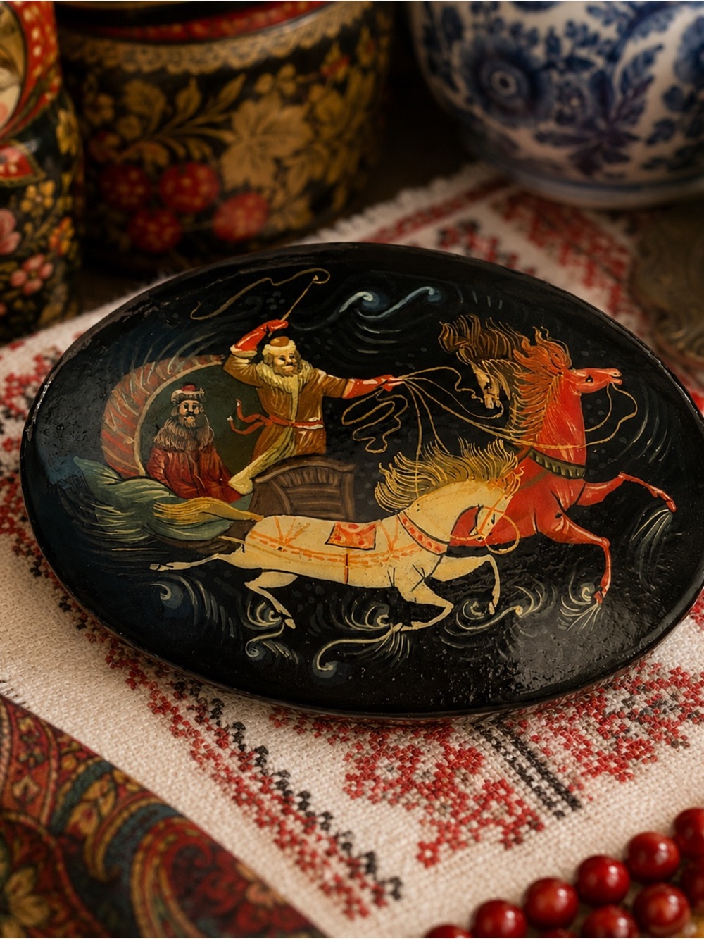 Vintage Russian Hand Painted Lacquer Brooch Troika Horse Sleigh Scene